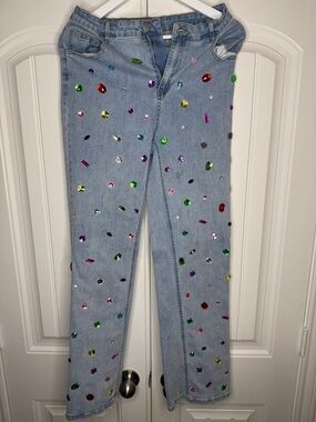 Blue B Embellished Women's Jeans with Multicolor Gem Accents